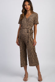 Brown Leopard Short Sleeve Tie Maternity Jumpsuit