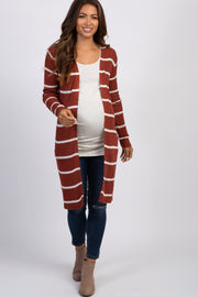 Rust Striped Knit Long Maternity Cardigan