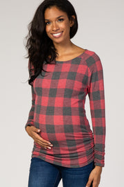 PinkBlush Red Plaid Knit Ruched Maternity Top