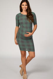 PinkBlush Green Plaid Fitted Maternity Dress