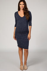 Navy Two-Tone Knit Ruched Maternity Dress