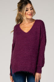 Purple Fuzzy V-Neck Hi-Low Maternity Sweater