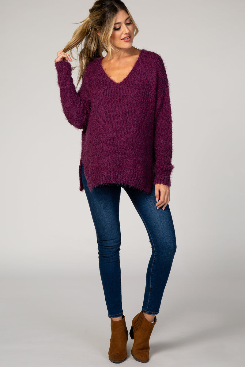 Purple Fuzzy V-Neck Hi-Low Maternity Sweater– PinkBlush
