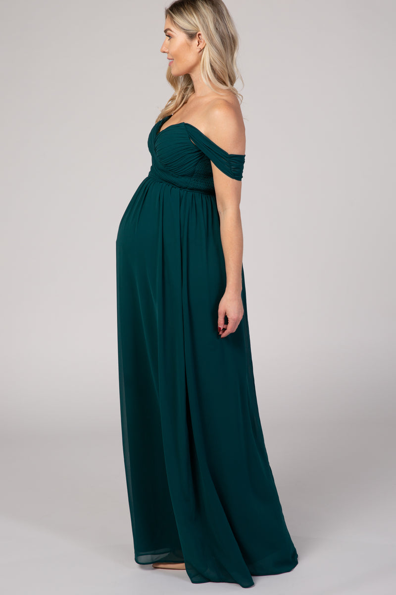 PinkBlush Forest Green Off Shoulder Chiffon Maxi Maternity Dress