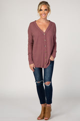 Mauve Waffle Knit Button Front Top