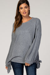 Charcoal Ribbed Side Tie Bubble Long Sleeve Top