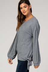 Charcoal Ribbed Side Tie Bubble Long Sleeve Top