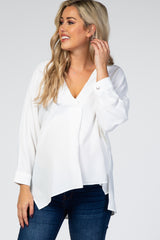 White Solid V-Neck 3/4 Sleeve Maternity Top