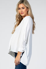 White Solid V-Neck 3/4 Sleeve Maternity Top