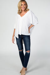 White Solid V-Neck 3/4 Sleeve Top