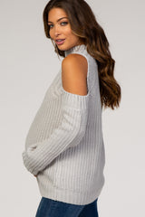 Grey Cold Shoulder Solid Color Maternity Sweater