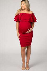 Red Ruffle Off Shoulder Ruched Maternity Dress