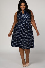 Navy Polka Dot Pleated Maternity Plus Dress