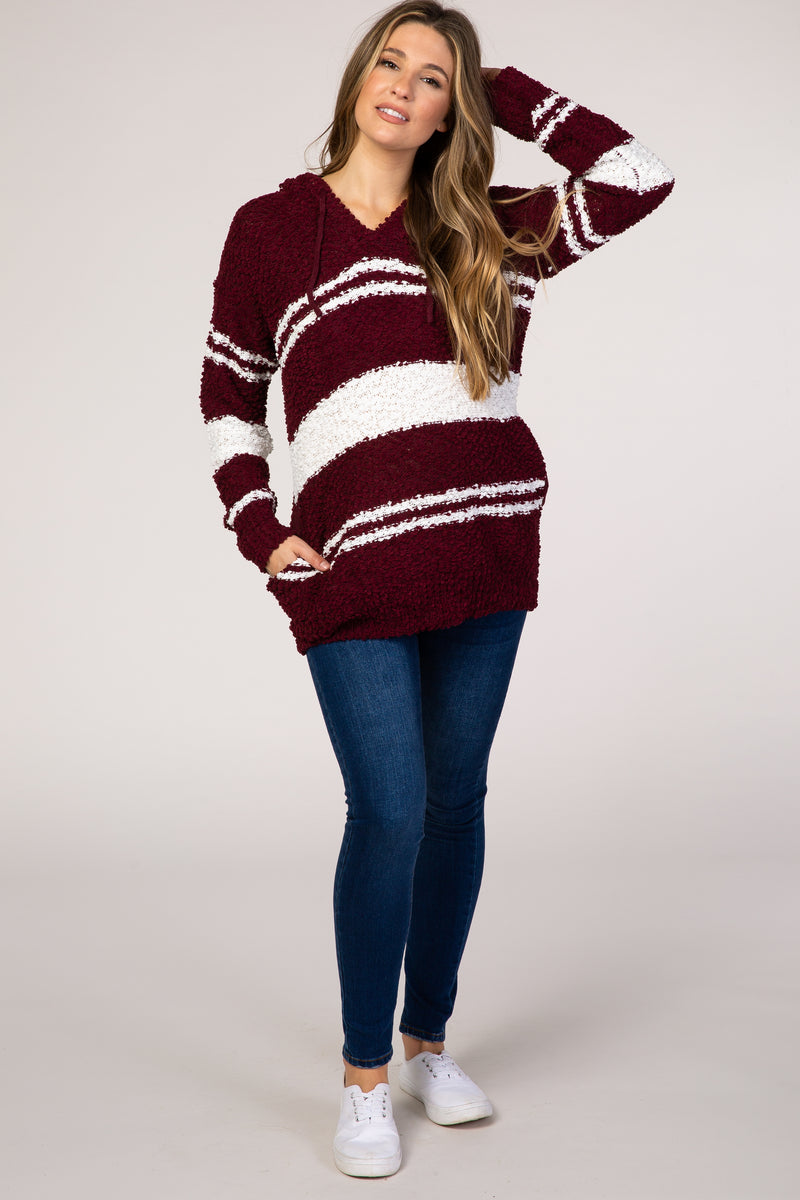 Burgundy Striped Popcorn Hooded Maternity Sweater– PinkBlush