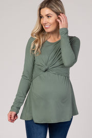 PinkBlush Olive Front Knot Long Sleeve Maternity Nursing Top