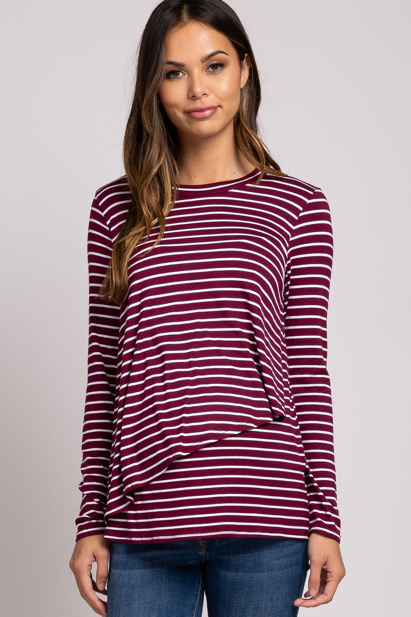 PinkBlush Burgundy Striped Layered Front Long Sleeve Maternity/Nursing