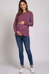 PinkBlush Burgundy Striped Layered Front Long Sleeve Maternity/Nursing Top