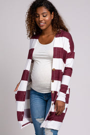 Burgundy Striped Button Front Maternity Cardigan