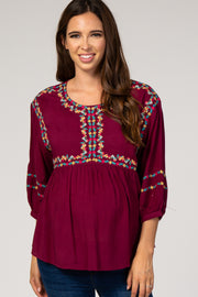 Burgundy Floral Embroidery 3/4 Puff Sleeve Maternity Blouse