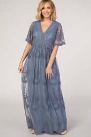 PinkBlush Blue Lace Mesh Overlay Maxi Dress