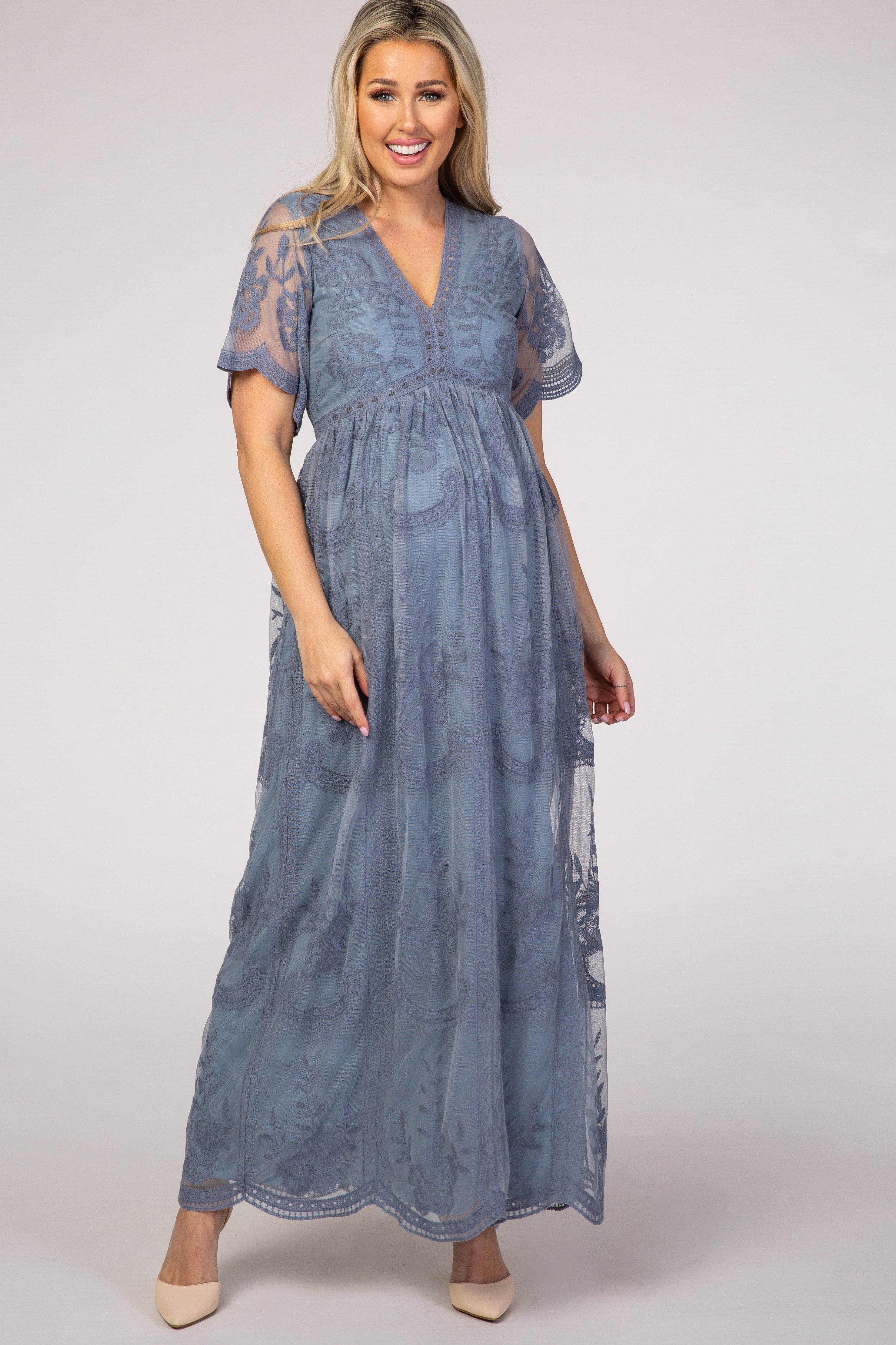 PinkBlush Blue Lace Mesh Overlay Maternity Maxi Dress