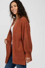 Rust Knit Open Front Bubble Sleeve Sweater