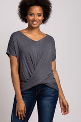 Charcoal Draped Hem V-Neck Short Sleeve Top