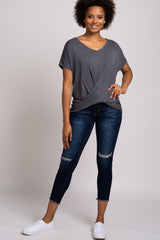 Charcoal Draped Hem V-Neck Short Sleeve Top