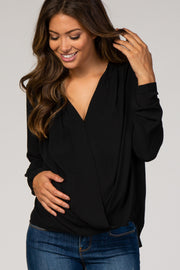 Black Long Sleeve Wrap Maternity Blouse