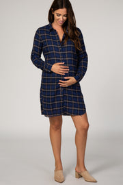 Navy Blue Plaid Button Down Long Sleeve Maternity Shirt Dress