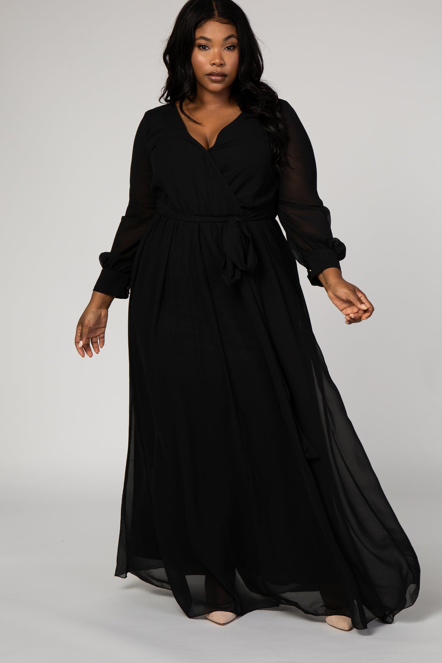 Black Chiffon Long Sleeve Pleated Plus Maternity Maxi Dress– PinkBlush
