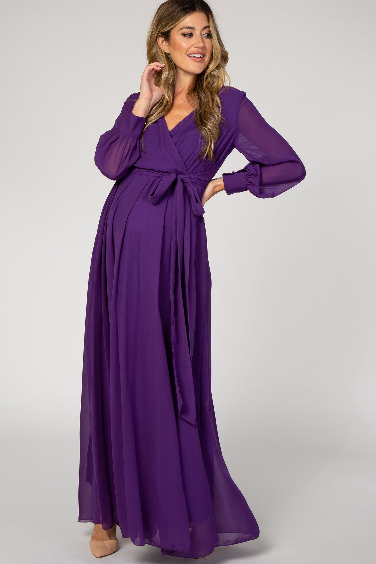 Purple Chiffon Long Sleeve Pleated Maternity Maxi Dress– PinkBlush