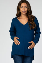 Teal V-Neck Lightweight Maternity Sweater