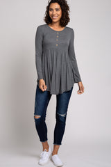 Charcoal Button Front Babydoll Top