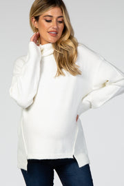 Ivory Turtleneck Hi-Low Side Slit Knit Maternity Sweater