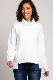 Ivory Turtleneck Hi-Low Side Slit Knit Sweater