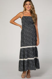 Black Floral Smocked Crochet Accent Maternity Maxi Dress