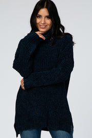 Navy Blue Ribbed Chenille Turtleneck Sweater