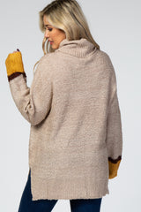 Beige Turtle Neck Colorblock Maternity Sweater