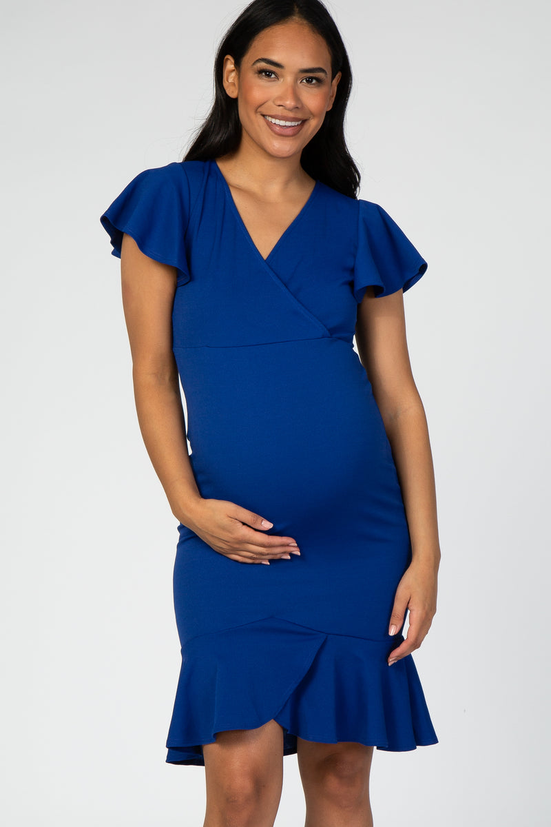 Royal Blue Ruffle Accent Fitted Maternity Wrap Dress – PinkBlush