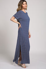 Navy Striped Short Sleeve Side Slit Maxi Dress