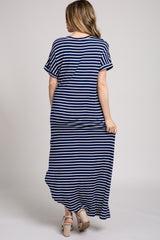 Navy Striped Short Sleeve Side Slit Maxi Dress