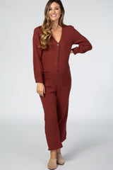 Rust Long Sleeve Button Front Maternity Jumpsuit