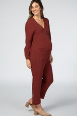 Rust Long Sleeve Button Front Maternity Jumpsuit