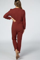 Rust Long Sleeve Button Front Maternity Jumpsuit