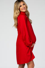 Red Mock Neck Tie Back Long Sleeve Maternity Dress