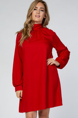 Red Mock Neck Tie Back Long Sleeve Maternity Dress