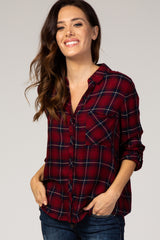 Red Plaid Rolled Sleeve Collared Button Down Top