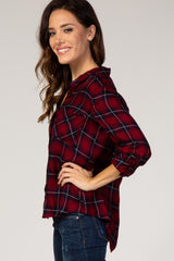 Red Plaid Rolled Sleeve Collared Button Down Top