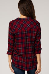 Red Plaid Rolled Sleeve Collared Button Down Top